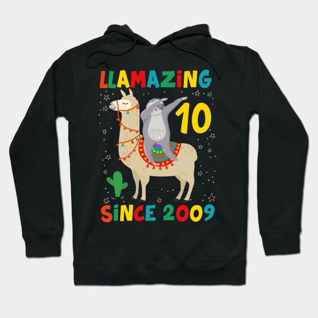 10 Years Old 10th Birthday Sloth Riding Llama Girls Hoodie by folidelarts